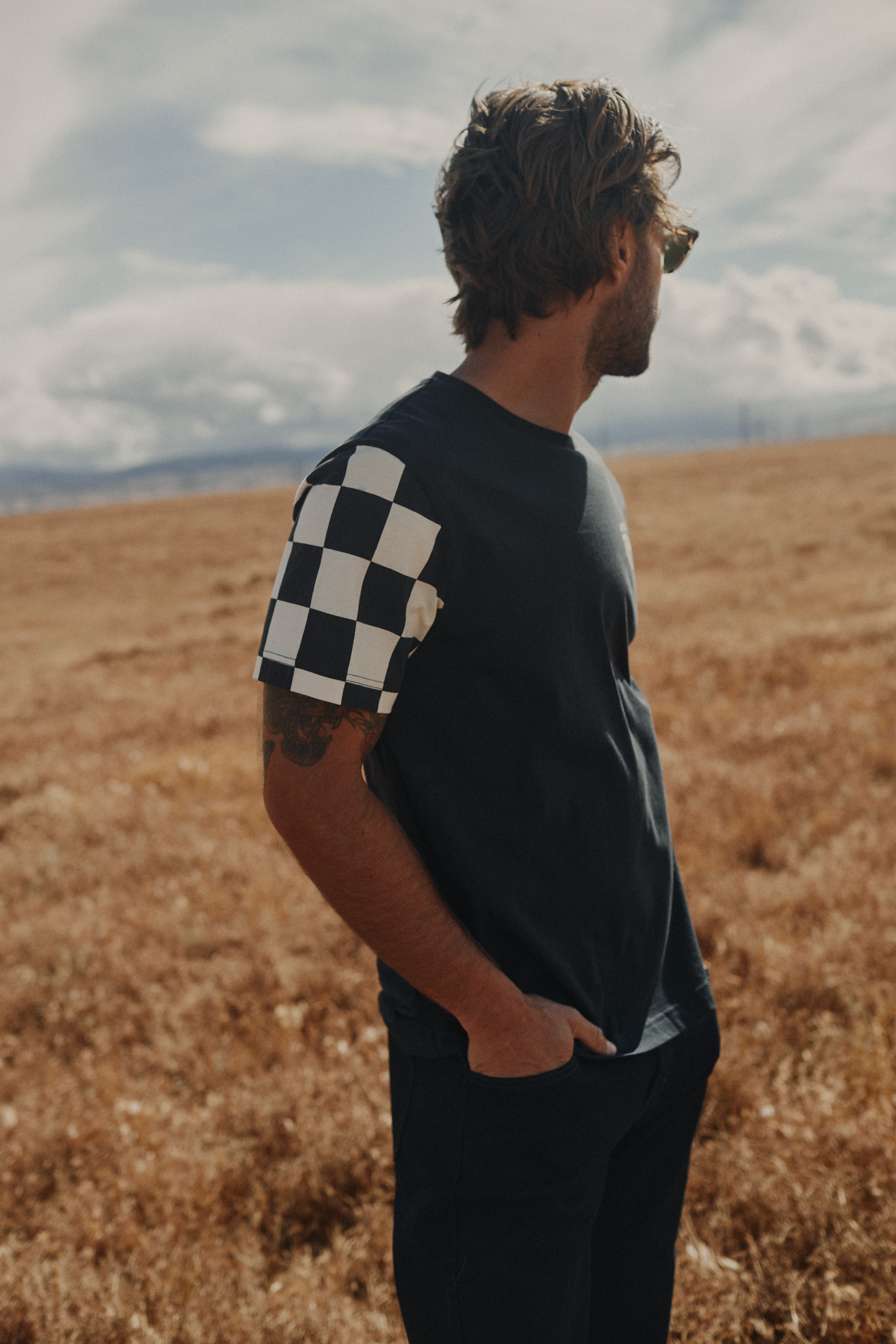 Preston Checkerboard Sleeve T-shirt in Black | Casual Clothing